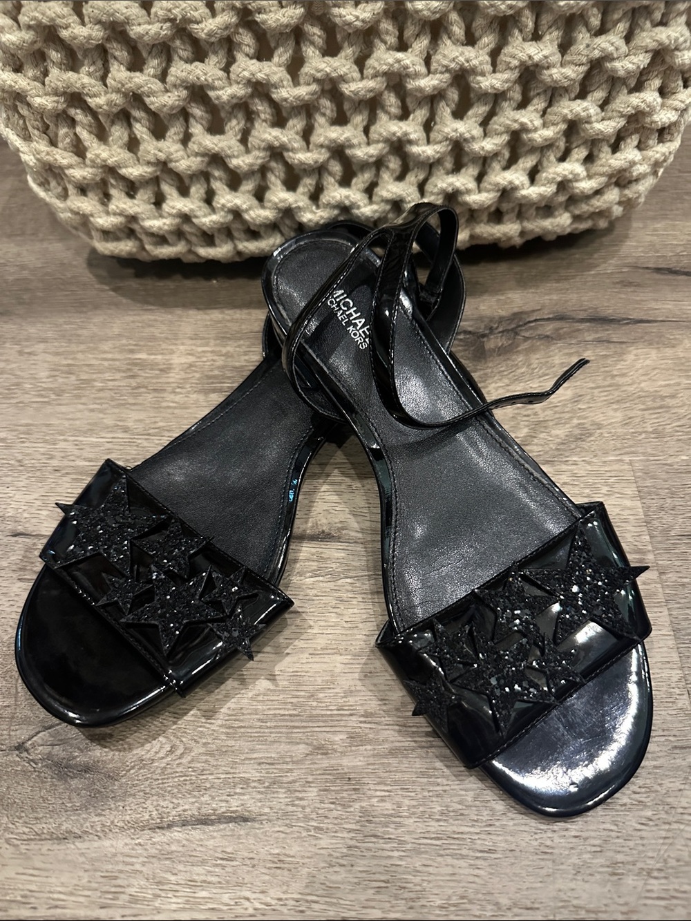 Michael Kors Black Patent Star-Embellished Ankle Strap Sandals